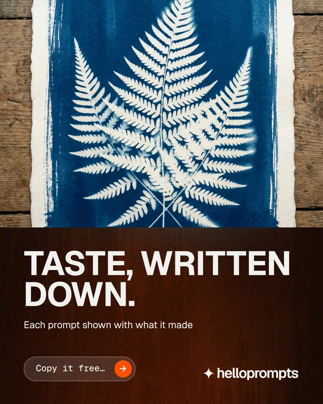 Instagram portrait post for HelloPrompts: "Taste, written down." Agentic glass style, bottom layout, dark palette in black, grey, blue.