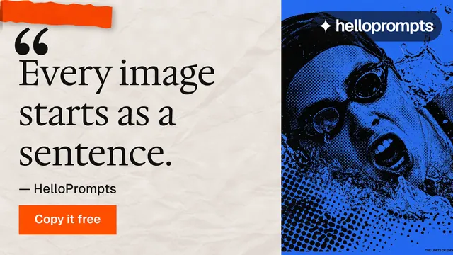 Landscape graphic for HelloPrompts: "Every image starts as a sentence." Swiss style, quote layout, light palette in orange, blue, white.