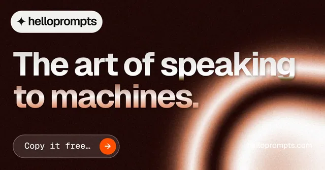 Social ad for HelloPrompts: "The art of speaking to machines." Agentic glass style, poster layout, dark palette in black, orange, red.