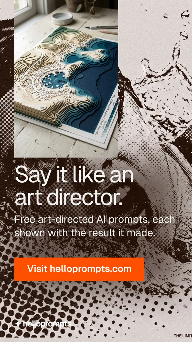 Instagram story for HelloPrompts: "Say it like an art director." Swiss style, skeleton layout, light palette in brown, black, grey.