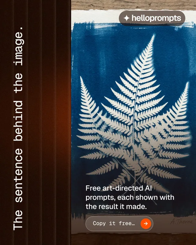 Instagram portrait post for HelloPrompts: "The sentence behind the image." Agentic glass style, vertical layout, dark palette in black, blue, grey.