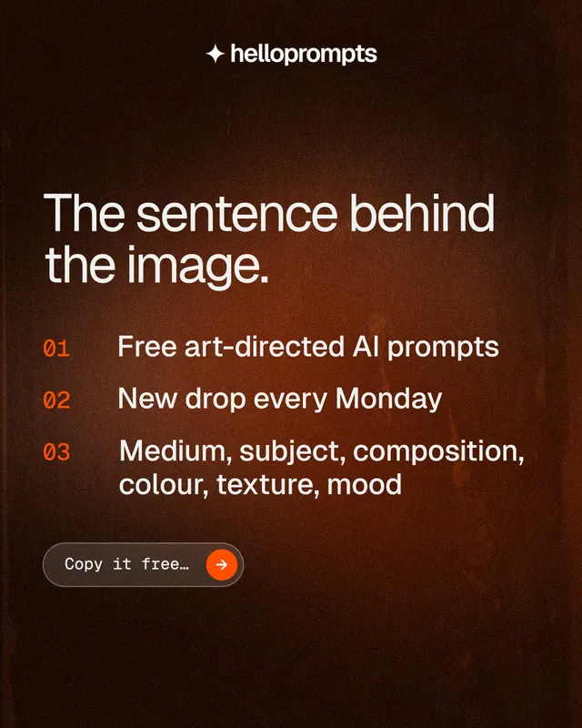 Instagram portrait post for HelloPrompts: "The sentence behind the image." Agentic glass style, numbered layout, dark palette in black, orange.