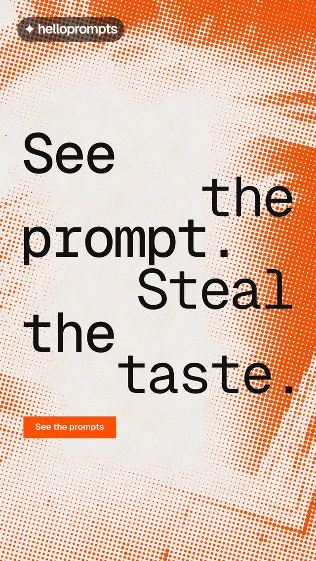 Instagram story for HelloPrompts: "See the prompt. Steal the taste." Swiss style, stacked layout, light palette in orange, brown, white.