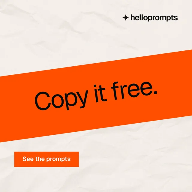 Instagram post for HelloPrompts: "Copy it free." Swiss style, diagonal layout, light palette in white, orange.