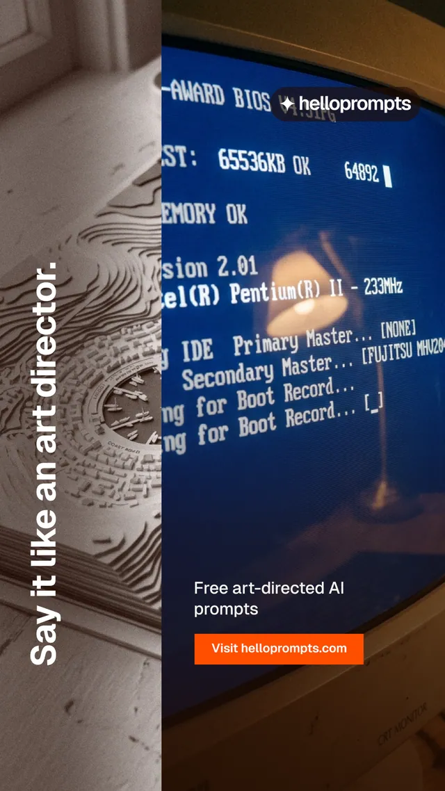 Instagram story for HelloPrompts: "Say it like an art director." Swiss style, vertical layout, dark palette in orange, blue, grey.