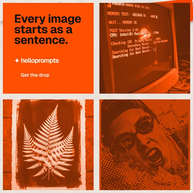 Instagram post for HelloPrompts: "Every image starts as a sentence." Swiss style, collage layout, dark palette in orange.