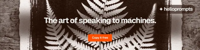 LinkedIn banner for HelloPrompts: "The art of speaking to machines." Swiss style, centred layout, dark palette in black, grey, orange.