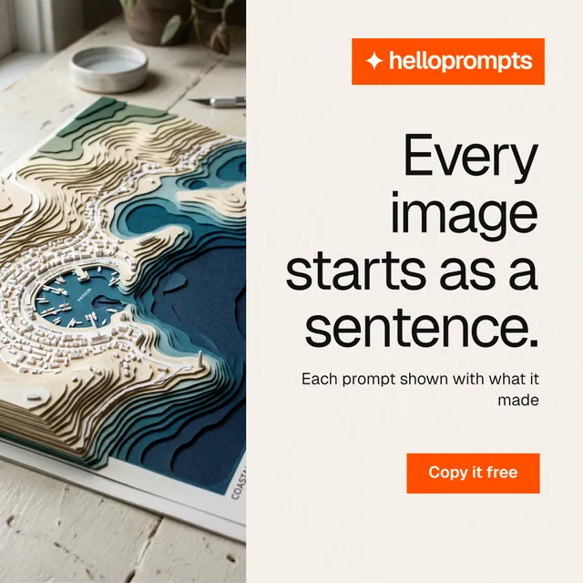 Instagram post for HelloPrompts: "Every image starts as a sentence." Swiss style, right layout, light palette in white, grey, orange.