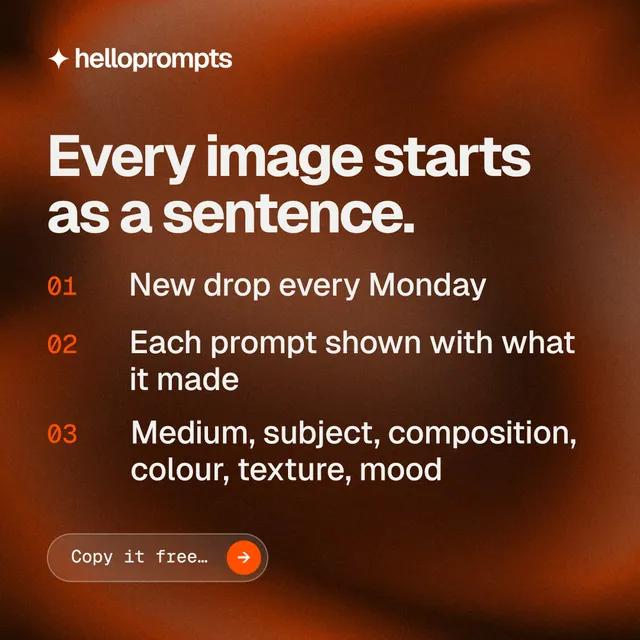 Instagram post for HelloPrompts: "Every image starts as a sentence." Agentic glass style, numbered layout, dark palette in orange.