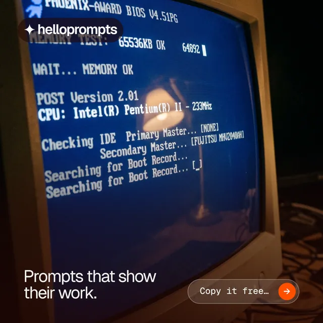 Instagram post for HelloPrompts: "Prompts that show their work." Agentic glass style, image led layout, dark palette in black, blue, grey.