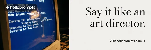 X header for HelloPrompts: "Say it like an art director." Minimal luxury style, right layout, light palette in white, blue, grey.