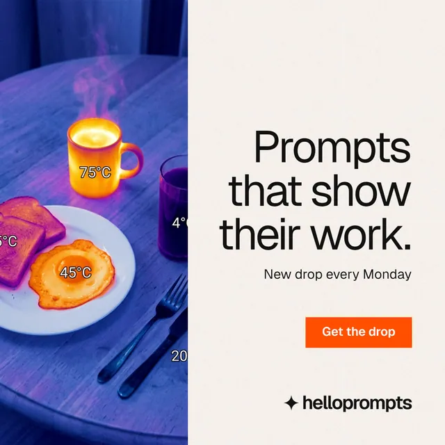 Instagram post for HelloPrompts: "Prompts that show their work." Swiss style, right layout, light palette in white, blue, grey.