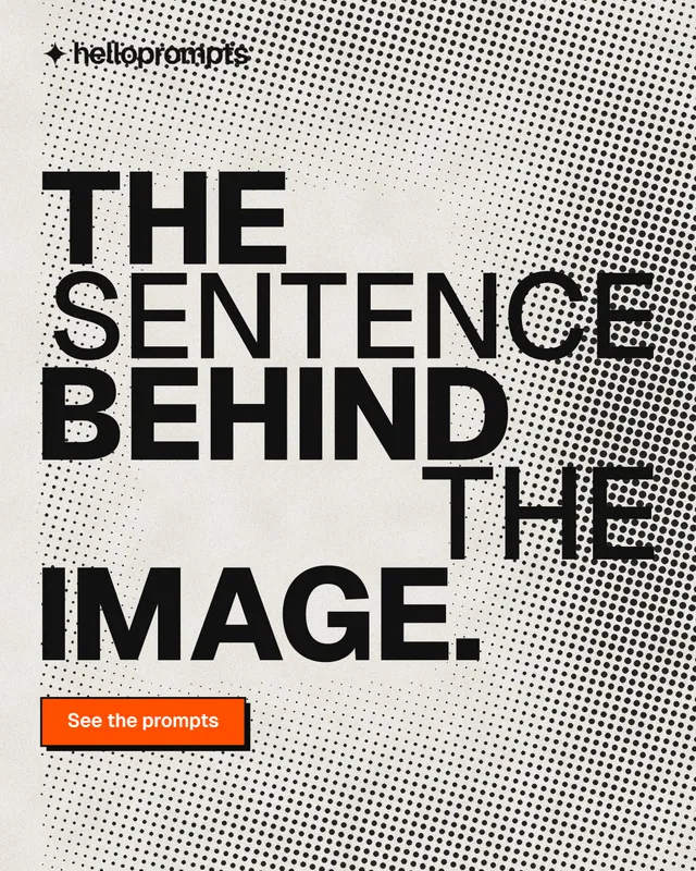 Instagram portrait post for HelloPrompts: "The sentence behind the image." Brutalist style, stacked layout, light palette in grey, white, yellow.
