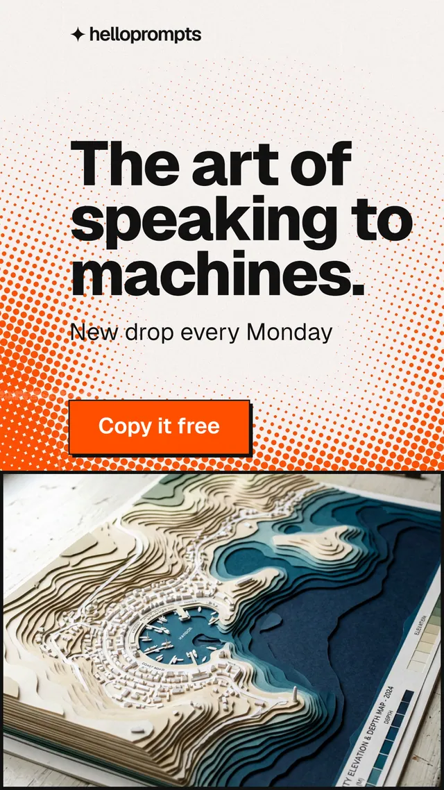 Instagram story for HelloPrompts: "The art of speaking to machines." Brutalist style, skeleton layout, light palette in orange, white, grey.