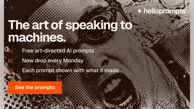 Landscape graphic for HelloPrompts: "The art of speaking to machines." Swiss style, numbered layout, dark palette in orange, black, grey.