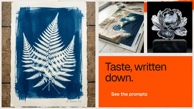 Landscape graphic for HelloPrompts: "Taste, written down." Swiss style, collage layout, light palette in blue, orange, grey.