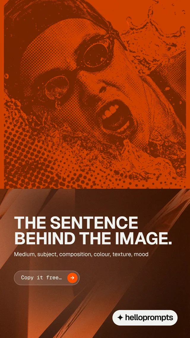 Instagram story for HelloPrompts: "The sentence behind the image." Agentic glass style, bottom layout, dark palette in orange.