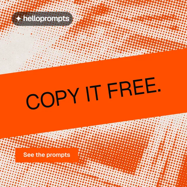 Instagram post for HelloPrompts: "Copy it free." Retro print style, diagonal layout, light palette in orange.