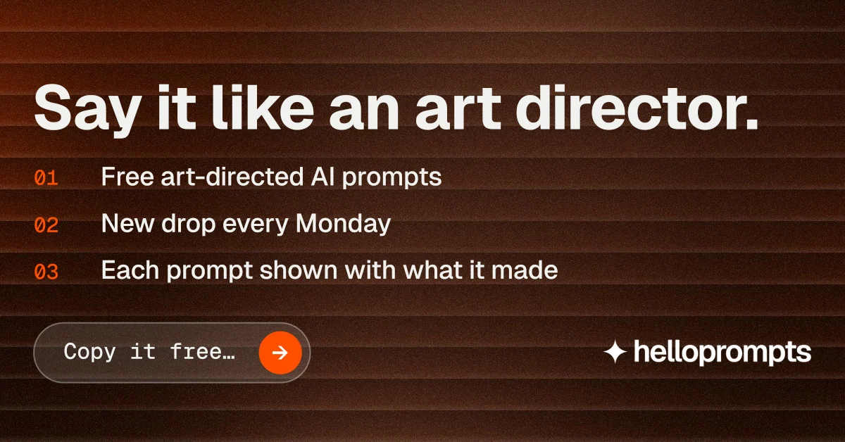 Social ad for HelloPrompts: "Say it like an art director." Agentic glass style, numbered layout, dark palette in orange, black, grey.