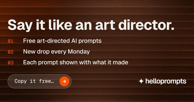 Social ad for HelloPrompts: "Say it like an art director." Agentic glass style, numbered layout, dark palette in orange, black, grey.