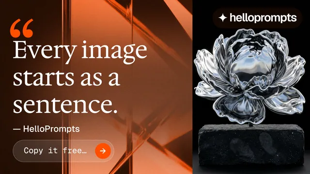 Landscape graphic for HelloPrompts: "The sentence behind the image." Agentic glass style, quote layout, dark palette in black, brown, orange.
