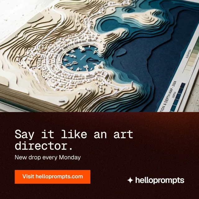 Instagram post for HelloPrompts: "Say it like an art director." Swiss style, bottom layout, dark palette in black, grey, yellow.
