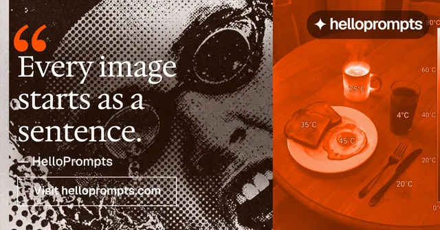 Social ad for HelloPrompts: "Every image starts as a sentence." Editorial style, quote layout, dark palette in orange, brown.