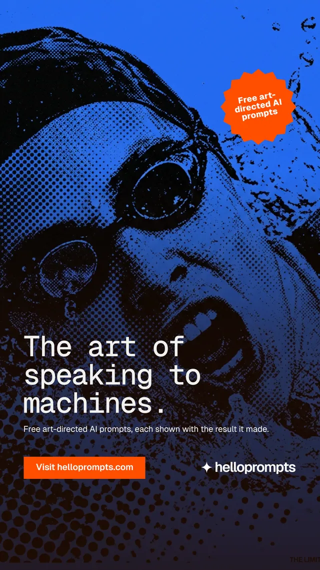 Instagram story for HelloPrompts: "The art of speaking to machines." Swiss style, sticker layout, dark palette in purple, black, blue.