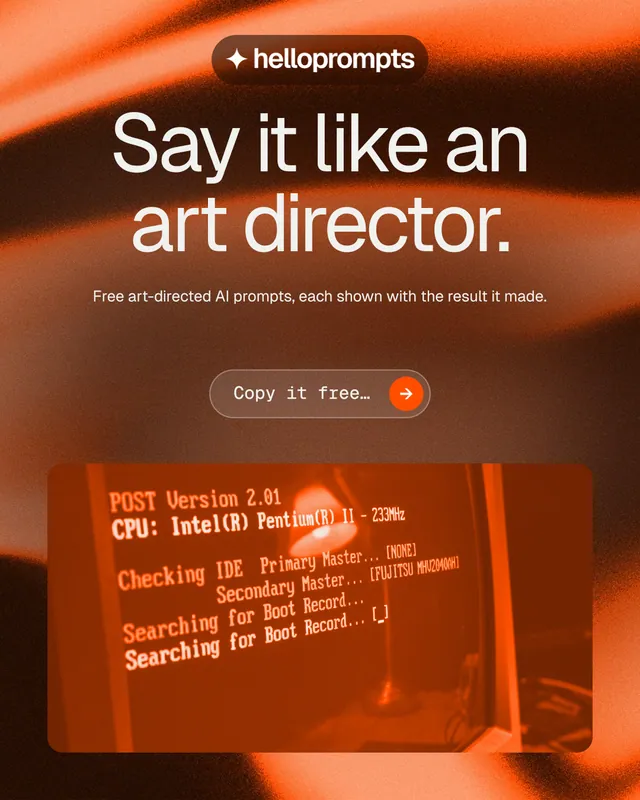 Instagram portrait post for HelloPrompts: "Say it like an art director." Agentic glass style, centred layout, dark palette in orange, brown.
