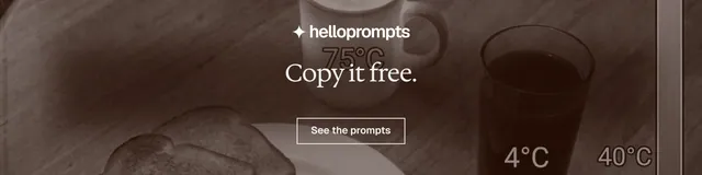 LinkedIn banner for HelloPrompts: "Copy it free." Editorial style, centred layout, dark palette in orange, grey.
