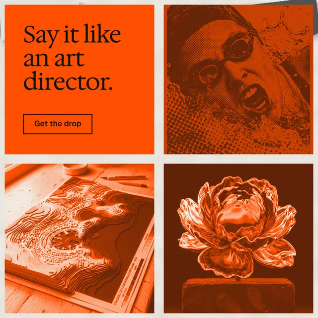 Instagram post for HelloPrompts: "Say it like an art director." Editorial style, collage layout, dark palette in orange.