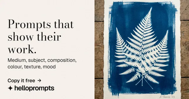 Social ad for HelloPrompts: "Prompts that show their work." Minimal luxury style, bottom layout, light palette in white, blue, grey.