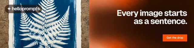 LinkedIn banner for HelloPrompts: "Every image starts as a sentence." Swiss style, right layout, dark palette in orange, grey, black.
