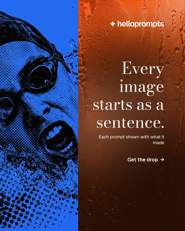 Instagram portrait post for HelloPrompts: "Every image starts as a sentence." Minimal luxury style, right layout, dark palette in black, orange, blue.