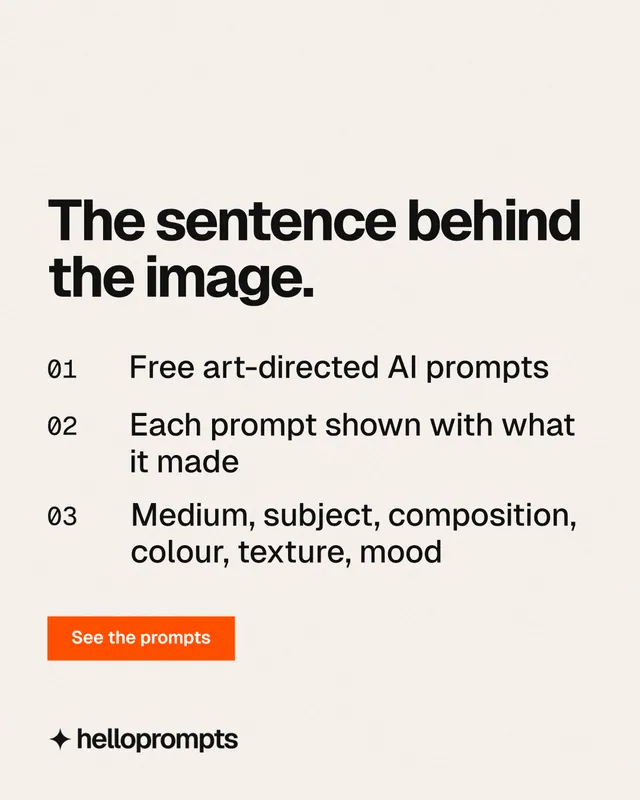 Instagram portrait post for HelloPrompts: "The sentence behind the image." Swiss style, numbered layout, light palette in white, grey.