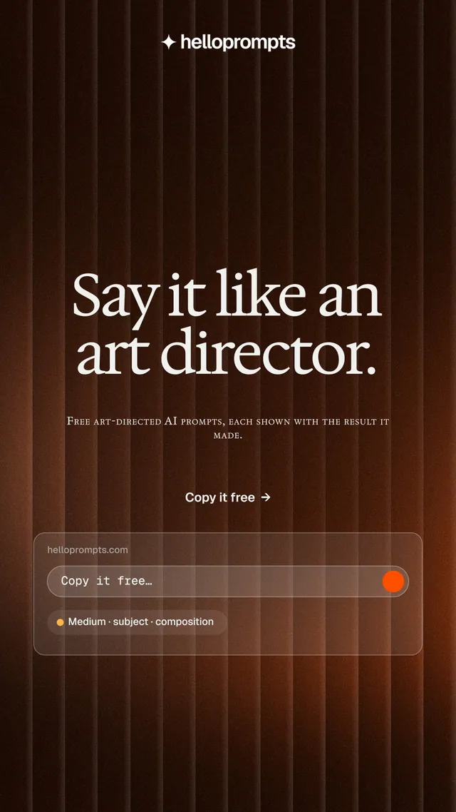 Instagram story for HelloPrompts: "Say it like an art director." Agentic glass style, smallcaps layout, dark palette in black, orange.