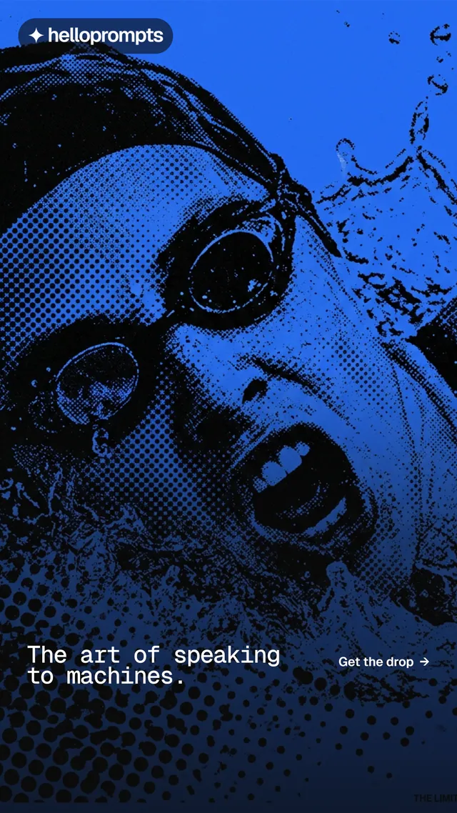 Instagram story for HelloPrompts: "The art of speaking to machines." Brutalist style, image led layout, dark palette in blue, black.