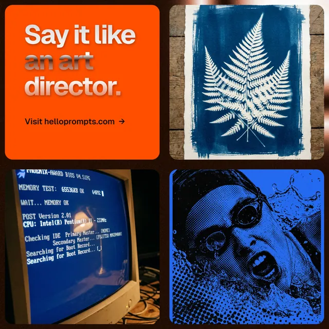 Instagram post for HelloPrompts: "Say it like an art director." Agentic glass style, collage layout, dark palette in blue, red, grey.