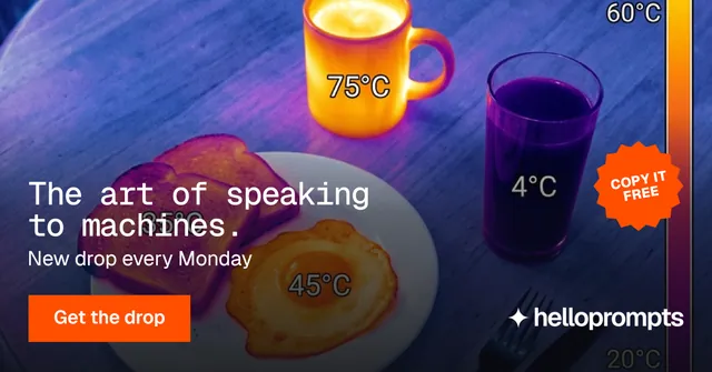 Social ad for HelloPrompts: "The art of speaking to machines." Swiss style, sticker layout, dark palette in blue, pink, orange.