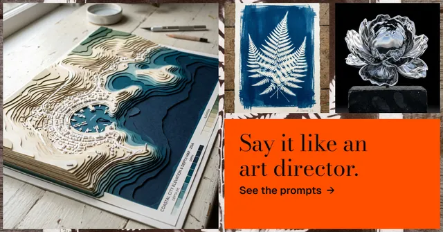 Social ad for HelloPrompts: "Say it like an art director." Minimal luxury style, collage layout, light palette in blue, orange, grey.