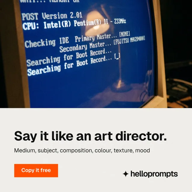 Instagram post for HelloPrompts: "Say it like an art director." Swiss style, bottom layout, light palette in blue, white, grey.