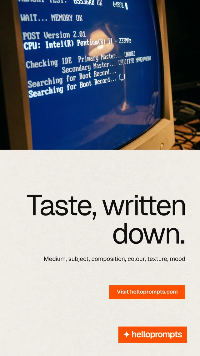 Instagram story for HelloPrompts: "Taste, written down." Swiss style, right layout, light palette in blue, yellow, grey.