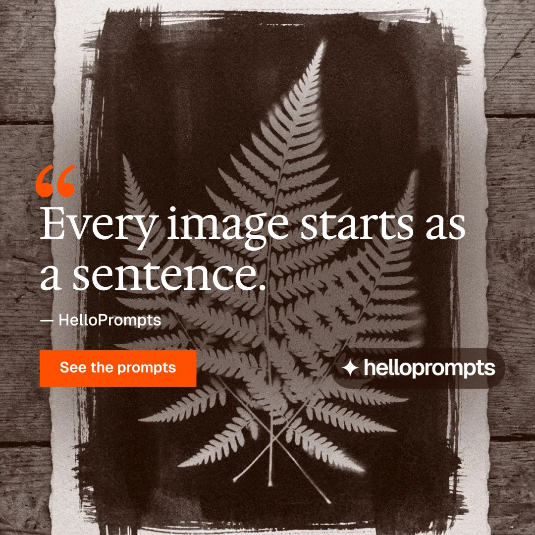 Instagram post for HelloPrompts: "Every image starts as a sentence." Swiss style, quote layout, dark palette in orange, black, grey.