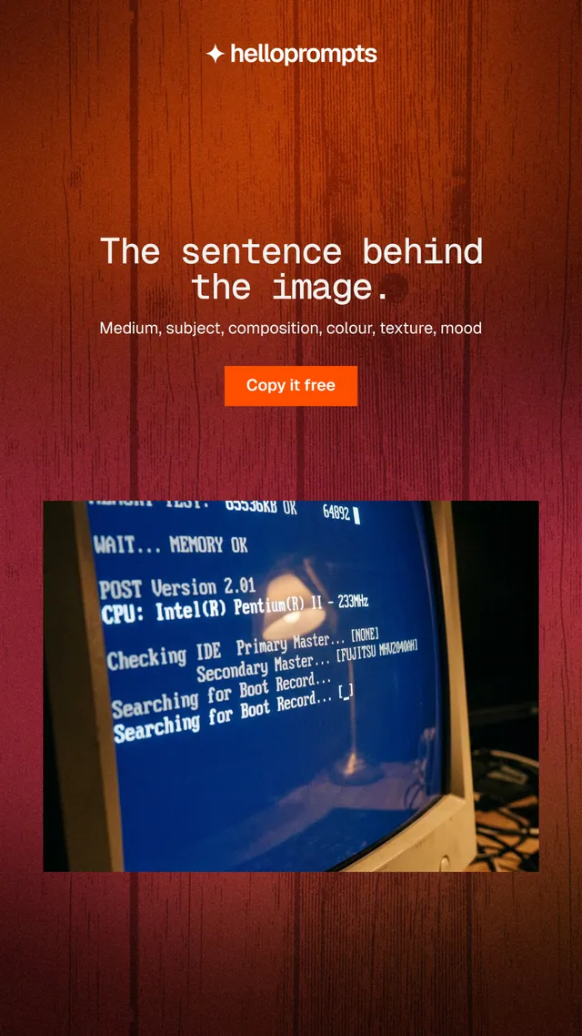 Instagram story for HelloPrompts: "The sentence behind the image." Swiss style, centred layout, dark palette in red, grey.