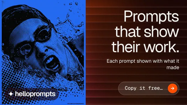 Landscape graphic for HelloPrompts: "Prompts that show their work." Agentic glass style, right layout, dark palette in red, black, blue.