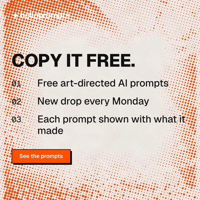 Instagram post for HelloPrompts: "Copy it free." Brutalist style, numbered layout, light palette in orange.