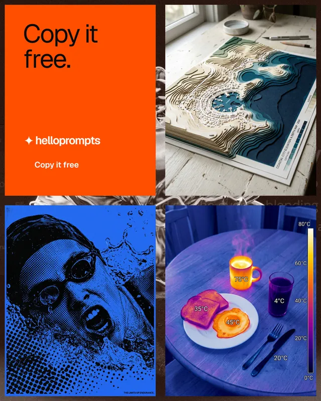 Instagram portrait post for HelloPrompts: "Copy it free." Swiss style, collage layout, dark palette in blue, red, grey.
