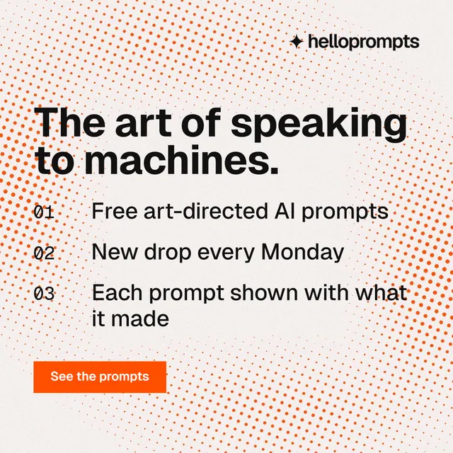 Instagram post for HelloPrompts: "The art of speaking to machines." Swiss style, numbered layout, light palette in orange, white.