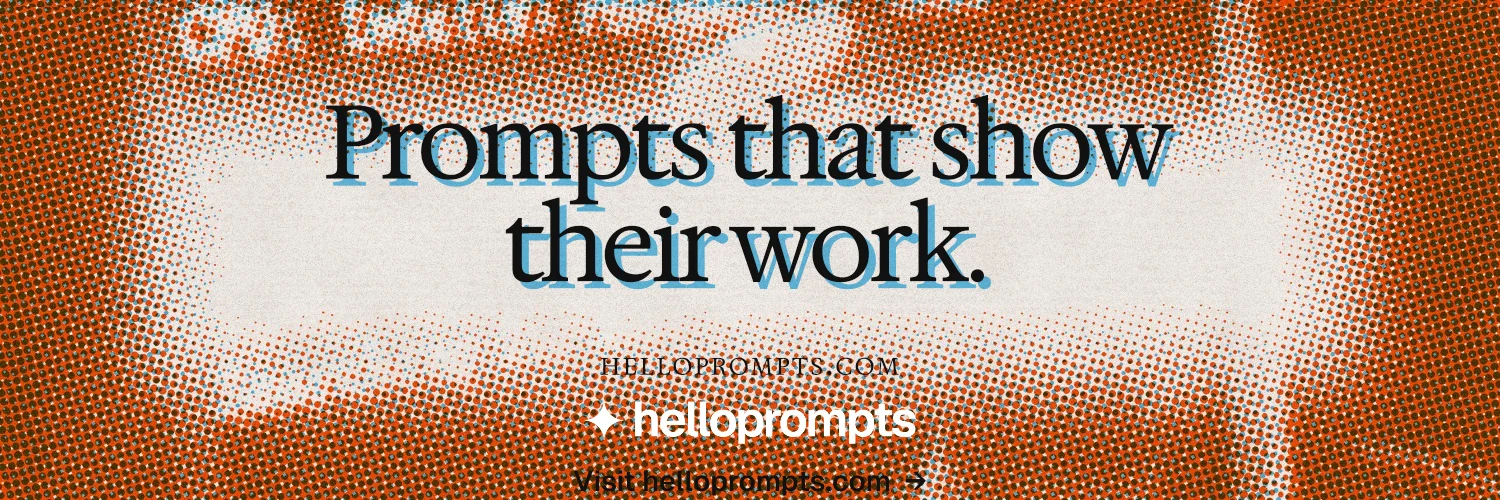X header for HelloPrompts: "Prompts that show their work." Swiss style, smallcaps layout, light palette in orange, brown.