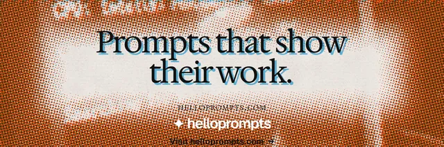 X header for HelloPrompts: "Prompts that show their work." Swiss style, smallcaps layout, light palette in orange, brown.